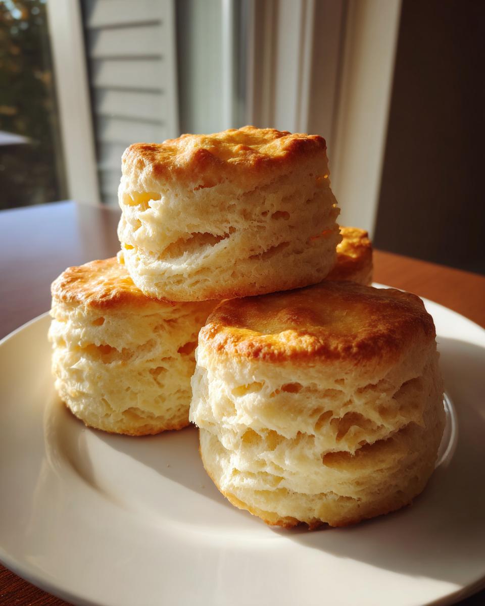 A stack of three tall, flaky buttermilk biscuits with golden tops resting on a white plate.