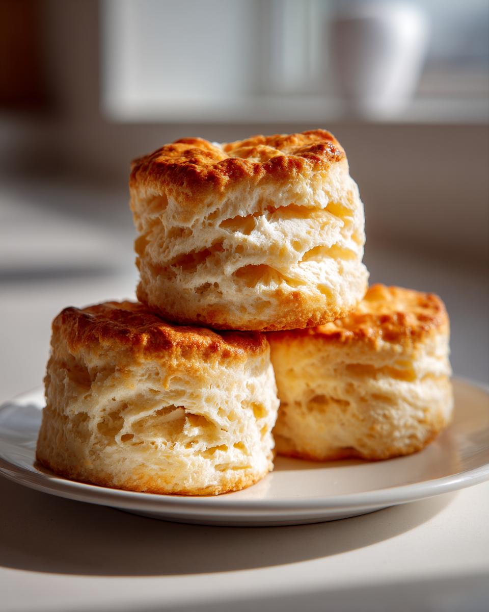 Three tall, flaky buttermilk biscuits stacked on a white plate, showing golden tops and layered sides.