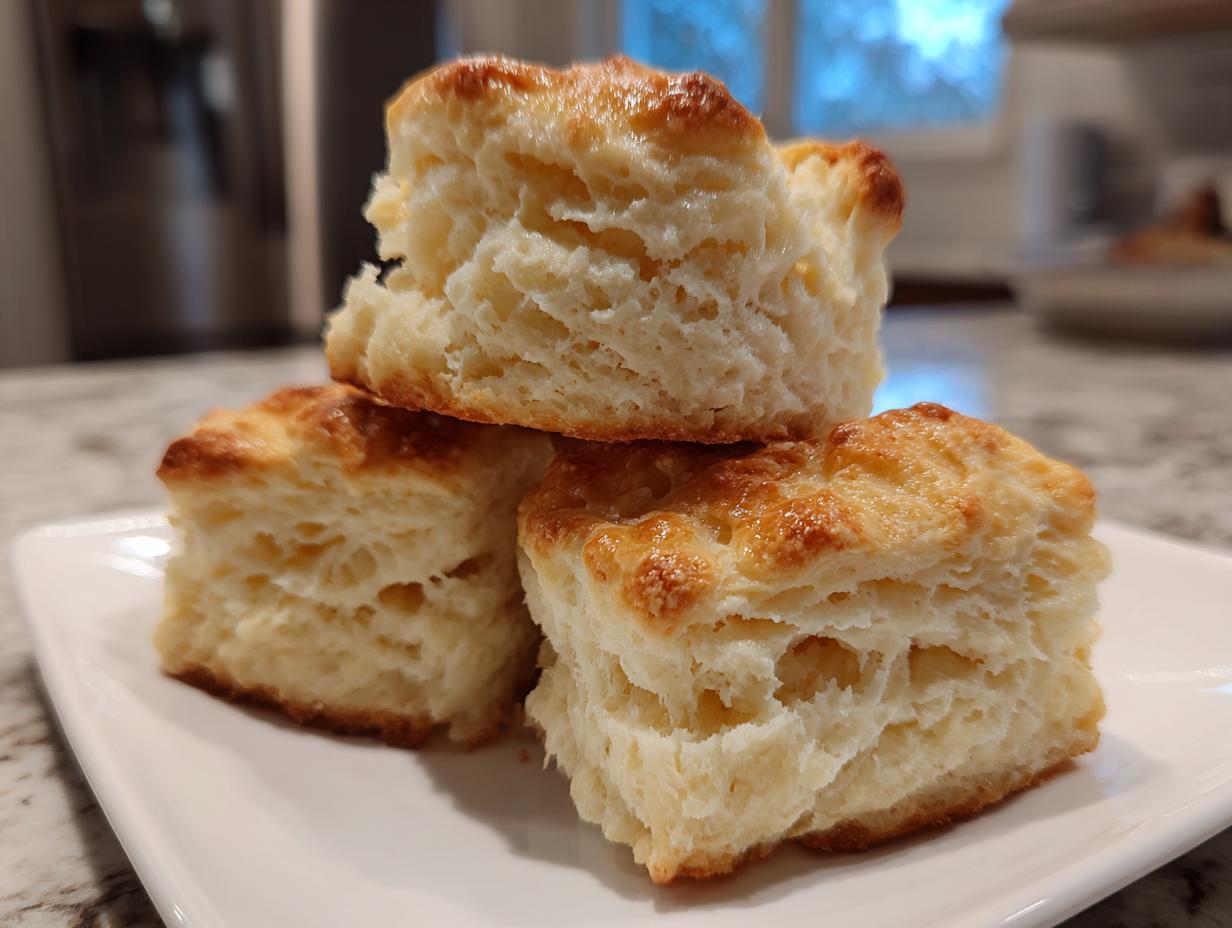 Three tall, flaky buttermilk biscuits stacked on a white plate, showing their layered texture.