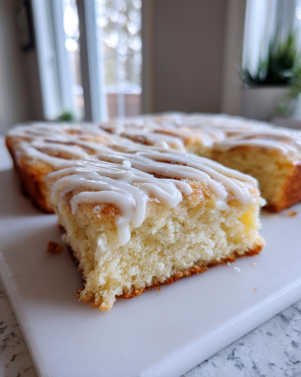 Close-up of a soft slice of cinnamon roll casserole topped with white vanilla icing.