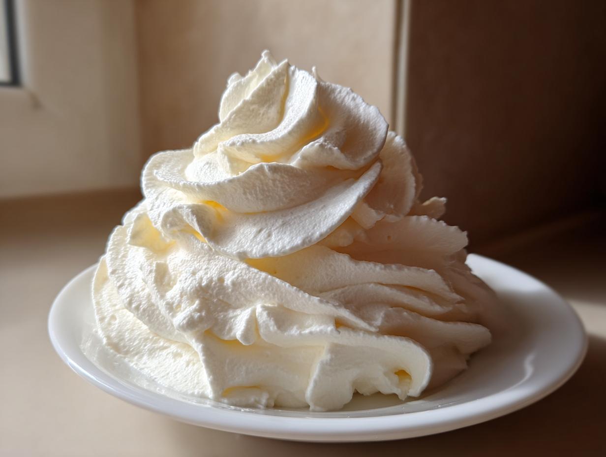 A tall, perfectly piped swirl of fluffy white cream cheese frosting sitting on a small white saucer.