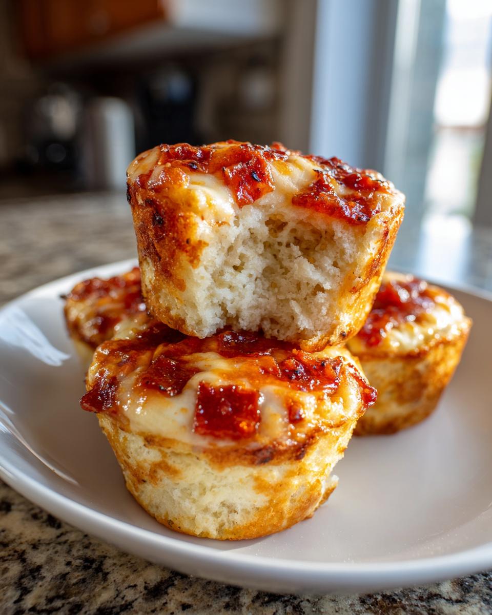 A stack of three golden-brown Pizza Muffins topped with melted cheese and pepperoni bits, one broken open showing the fluffy interior.