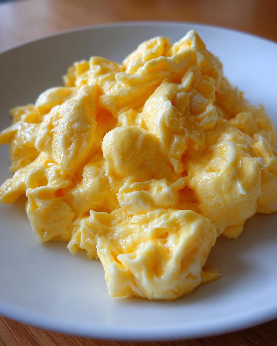 A close-up of perfectly cooked, fluffy, and creamy scrambled eggs served on a white plate.