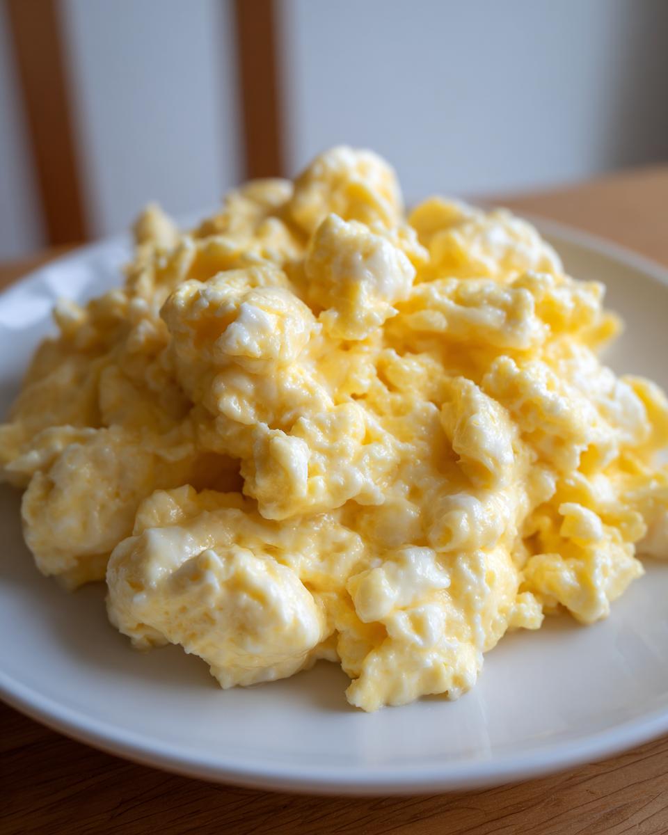 Close-up of a generous serving of soft, creamy scrambled eggs piled high on a white plate.