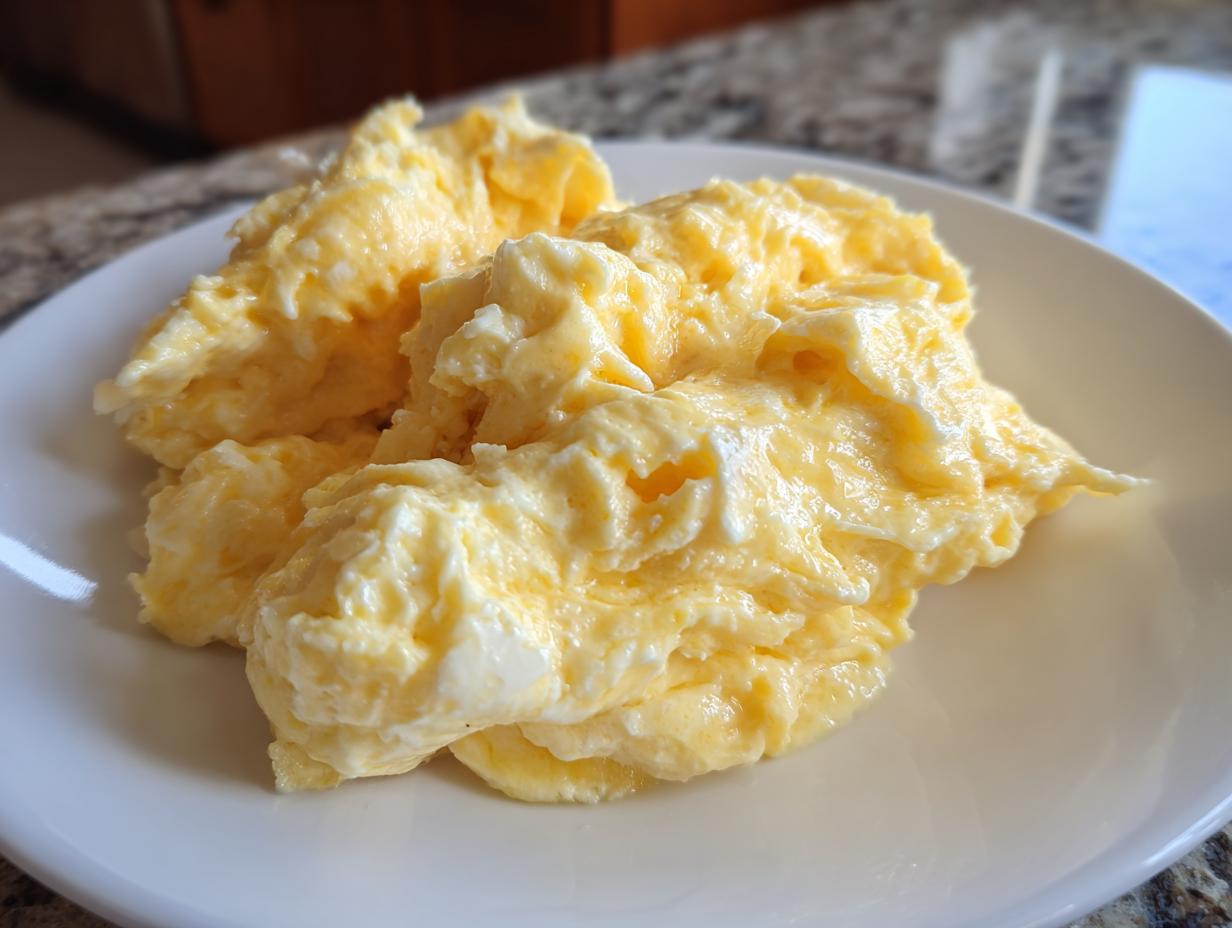 Close-up of soft, creamy scrambled eggs piled high on a white plate, ready to eat.