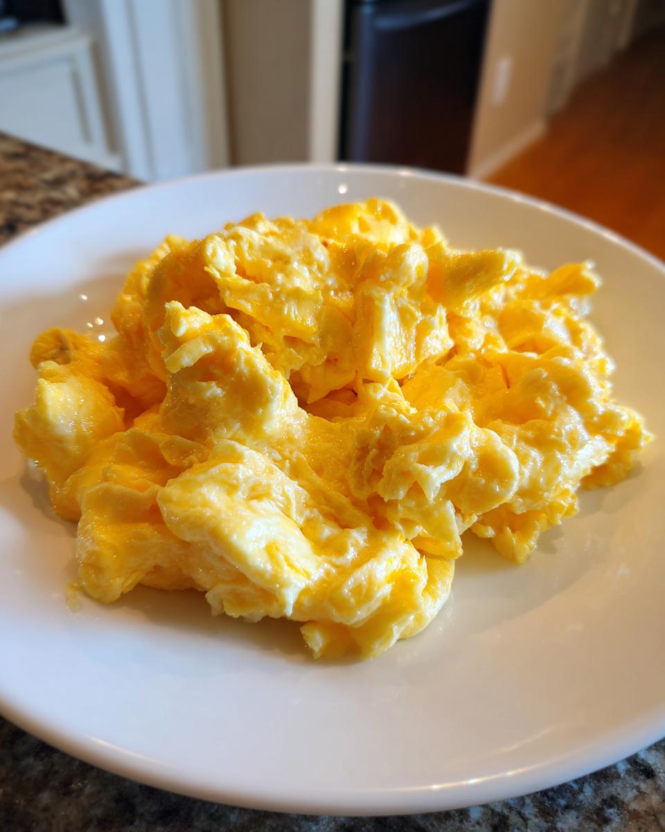 A close-up of perfectly cooked, creamy scrambled eggs piled high on a white plate.
