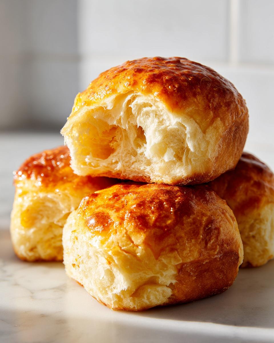Close-up of three golden-brown sweet potato rolls stacked, one torn open to show the fluffy interior.
