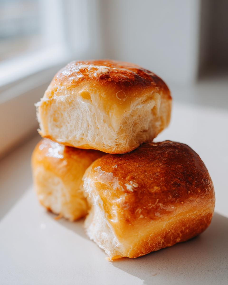 Three golden brown, fluffy sweet potato rolls stacked on a light surface near a window.
