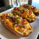 Three servings of fluffy twice-baked potatoes stuffed with cheese, bacon bits, and fresh green chives.
