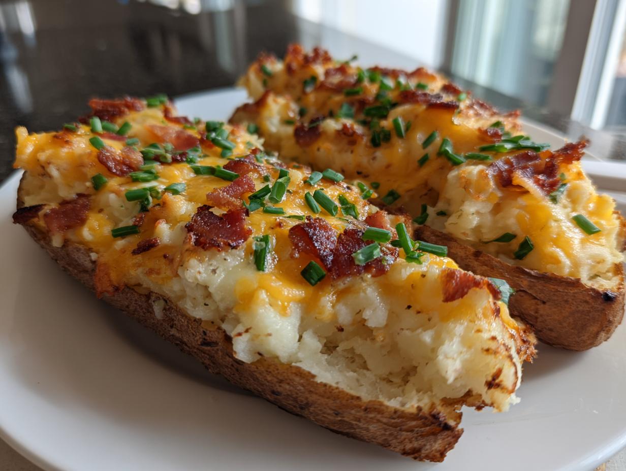 Close-up of two delicious twice-baked potatoes loaded with melted cheddar cheese, bacon bits, and chives.