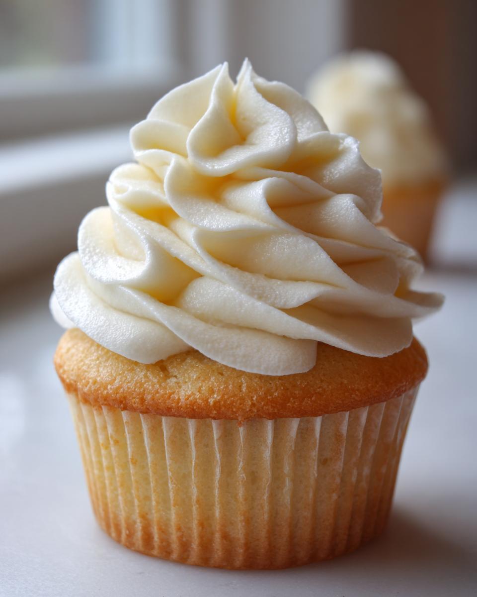 Close-up of a perfectly baked vanilla cupcake topped with a tall swirl of creamy white vanilla frosting.