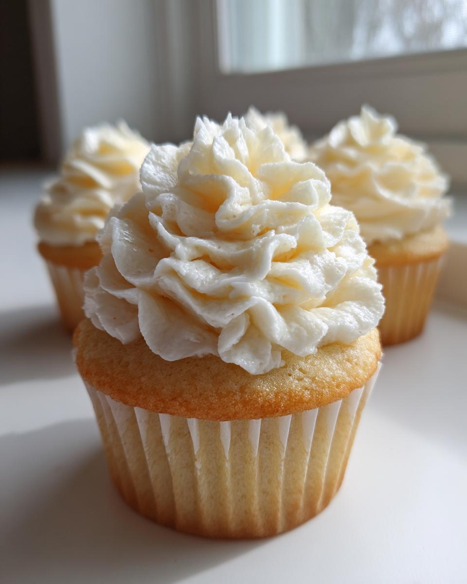 Close-up of a perfectly baked vanilla cupcake topped with a tall swirl of white vanilla buttercream frosting.