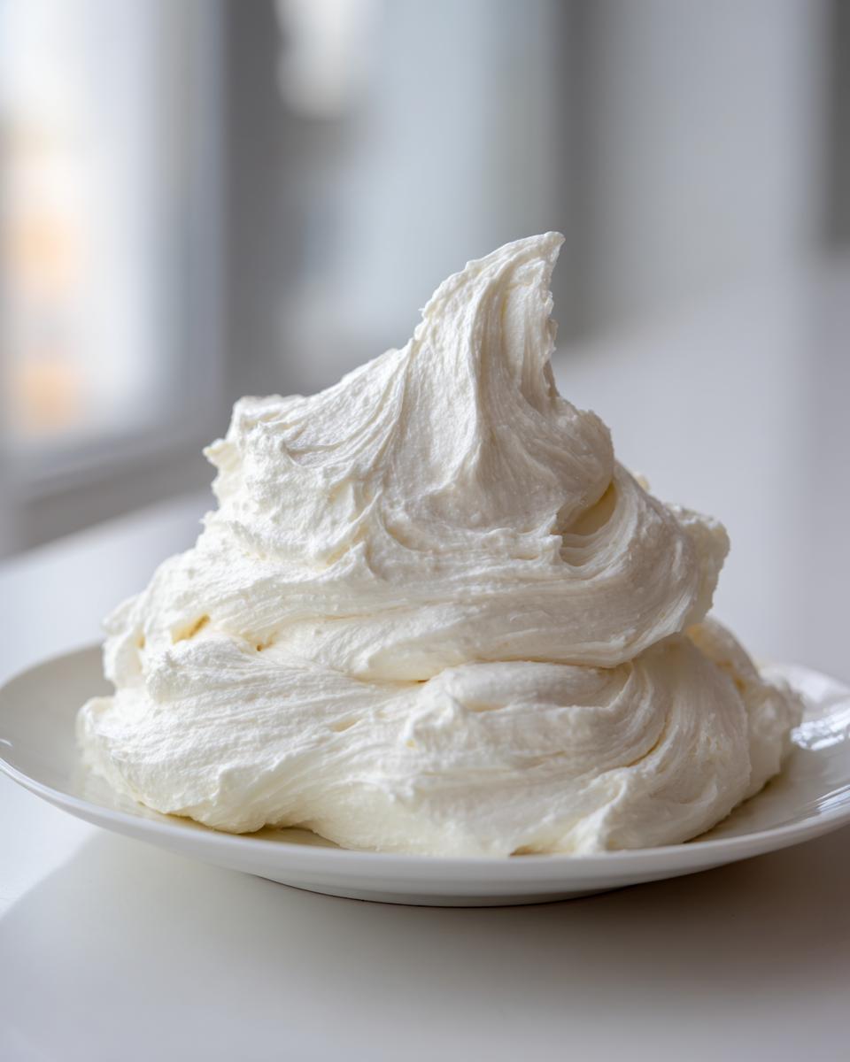 A mound of fluffy white frosting or cream, possibly used for a marzipan recipe, on a small white plate.