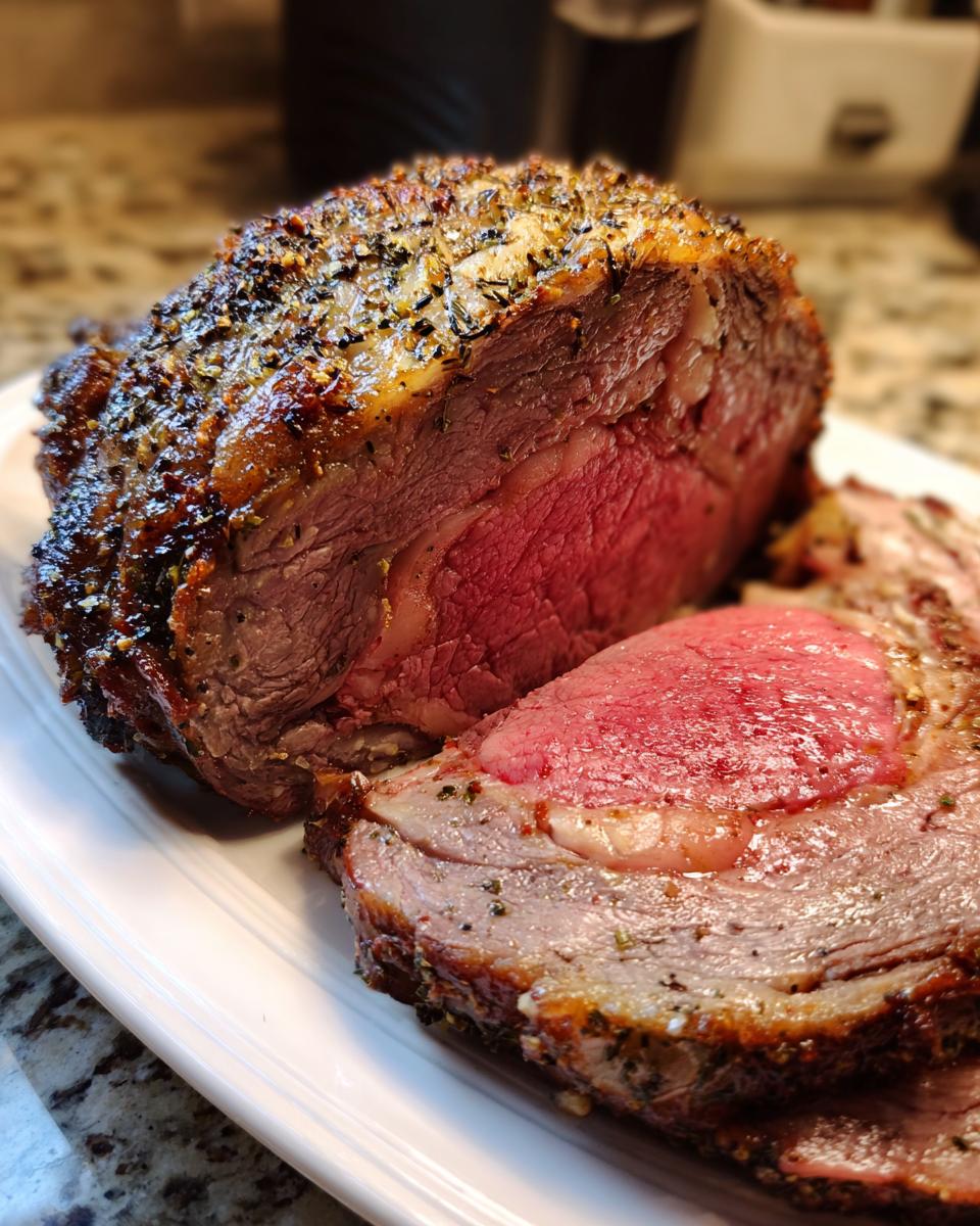 Close-up of a perfectly cooked rib roast, showing a deep red, medium-rare center and a seasoned, browned crust.