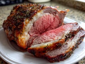 A juicy, medium-rare rib roast, sliced to show the pink interior and herb crust, resting on a white plate.