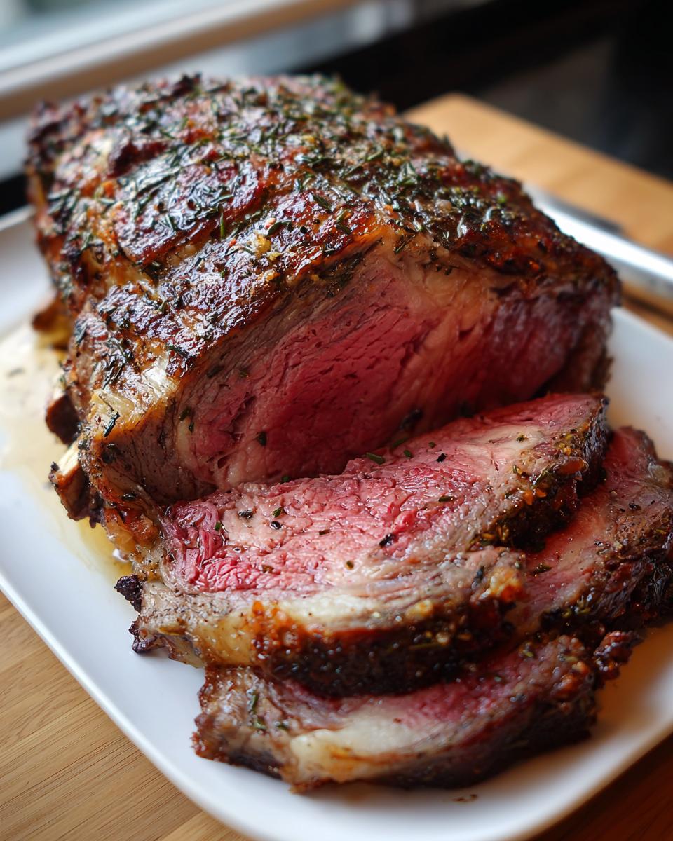 Close-up of a beautifully seared rib roast, sliced to reveal a juicy, medium-rare interior and herb crust.