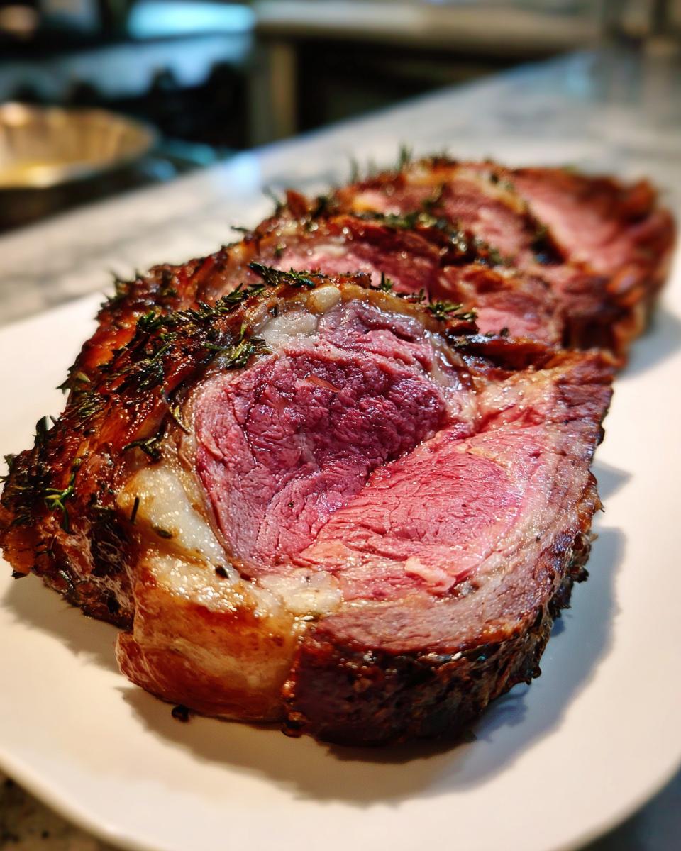 Close-up of several thick slices of a perfectly cooked medium-rare rib roast, crusted with herbs.