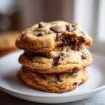 A stack of three thick, golden brown chocolate chip cookies, with the top one having a bite missing, revealing melted chocolate.