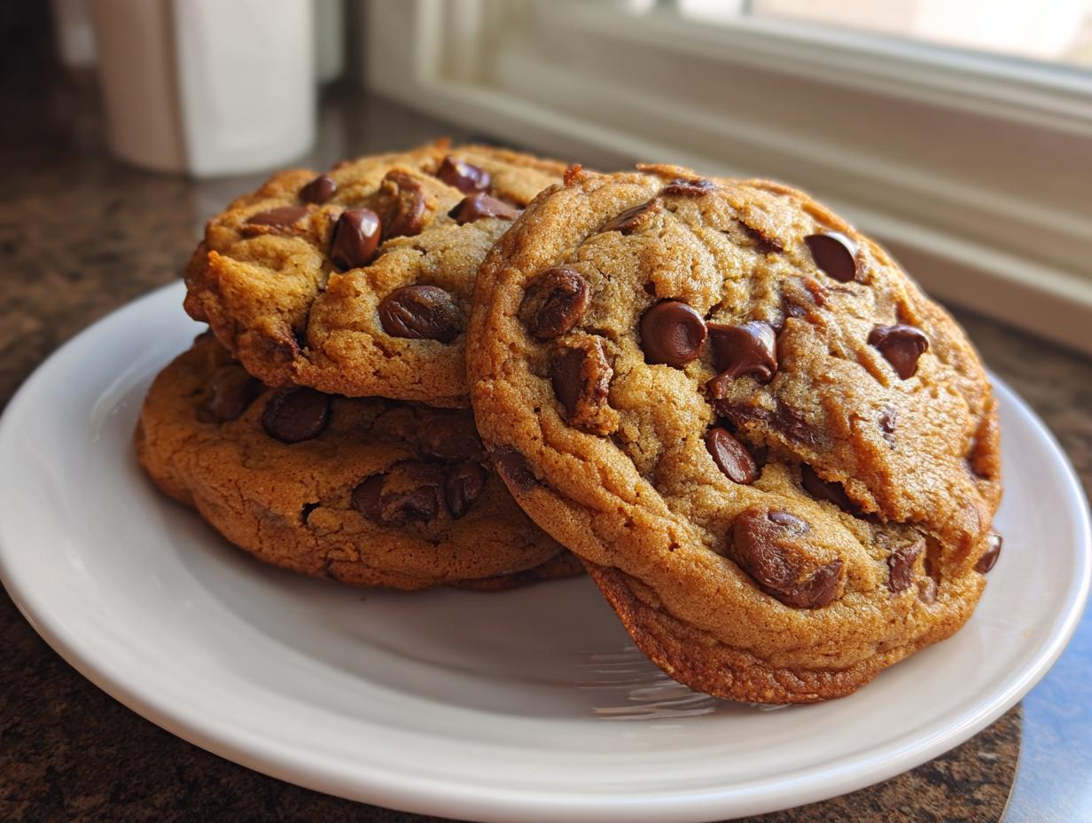 A stack of three golden brown chocolate chip cookies piled on a white plate near a window.