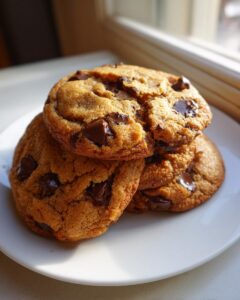 A stack of three golden brown, chewy chocolate chip cookies loaded with melted chocolate chunks, sitting on a white plate.