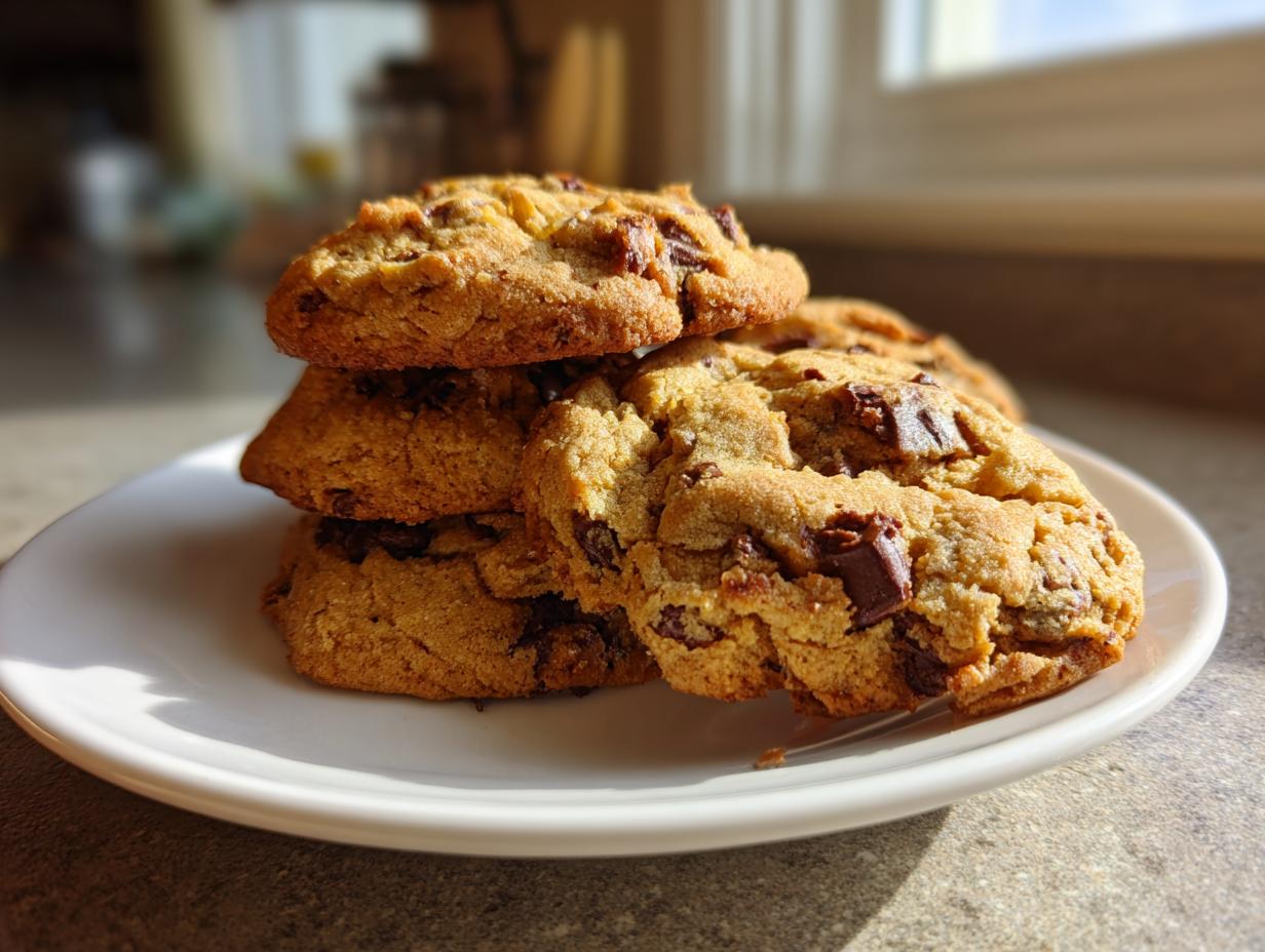 A stack of golden brown chocolate chip cookies resting on a white plate, beautifully lit by sunlight.