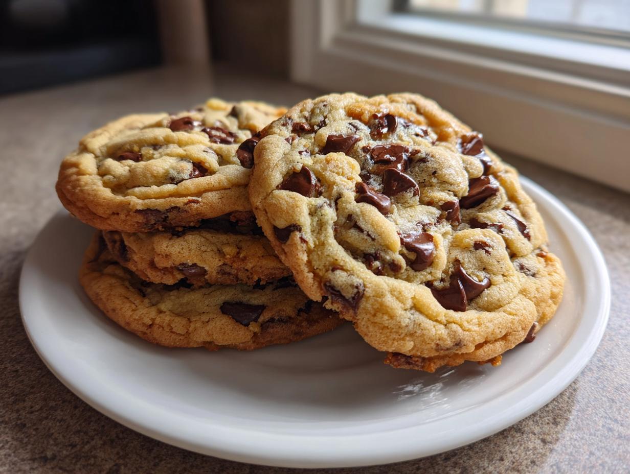 A stack of three thick, golden brown chocolate chip cookies piled on a white plate.