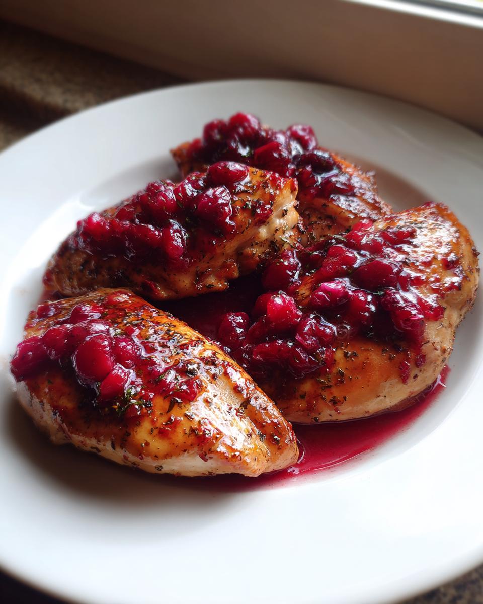 Four golden-brown chicken breasts topped with vibrant cranberry sauce, ready to eat.