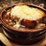 Close-up of a rich, dark bowl of french onion soup topped with a thick layer of melted, bubbly cheese over toasted bread.
