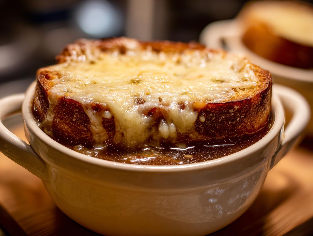 Close-up of a crock of rich french onion soup topped with a thick slice of toasted bread and bubbly, melted Gruyère cheese.