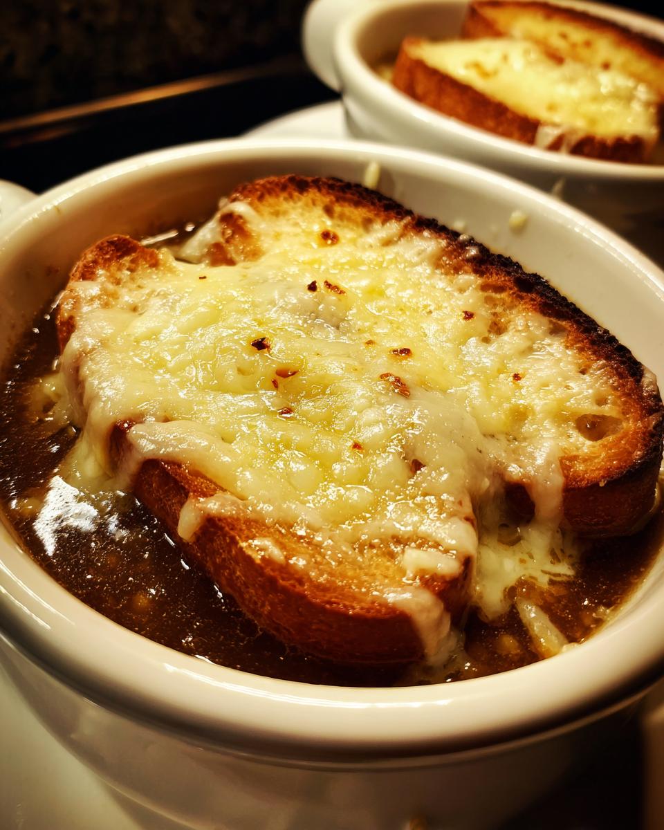Close-up of rich french onion soup topped with a thick layer of melted, browned cheese over crouton.