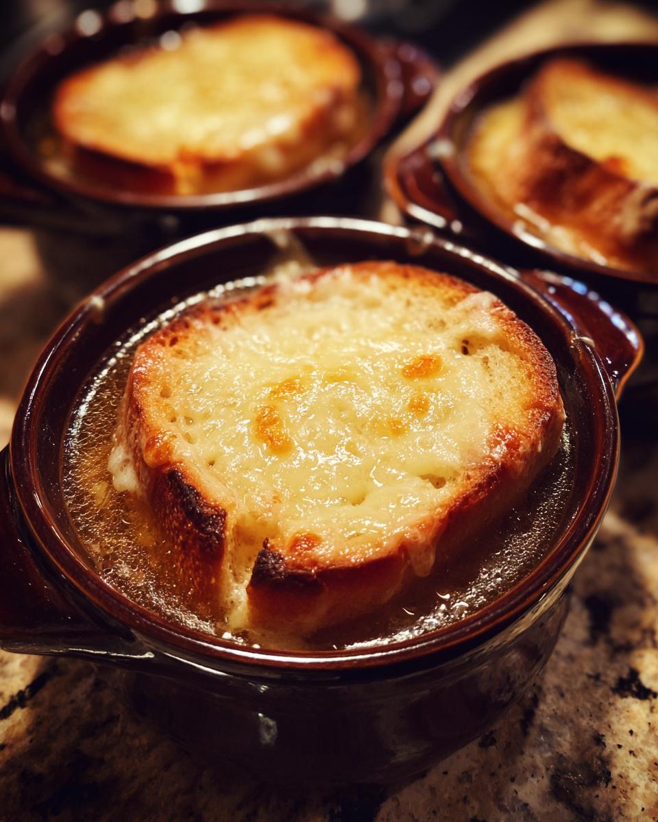 Close-up of a crock of rich french onion soup topped with a thick, browned slice of bread and melted Gruyère cheese.