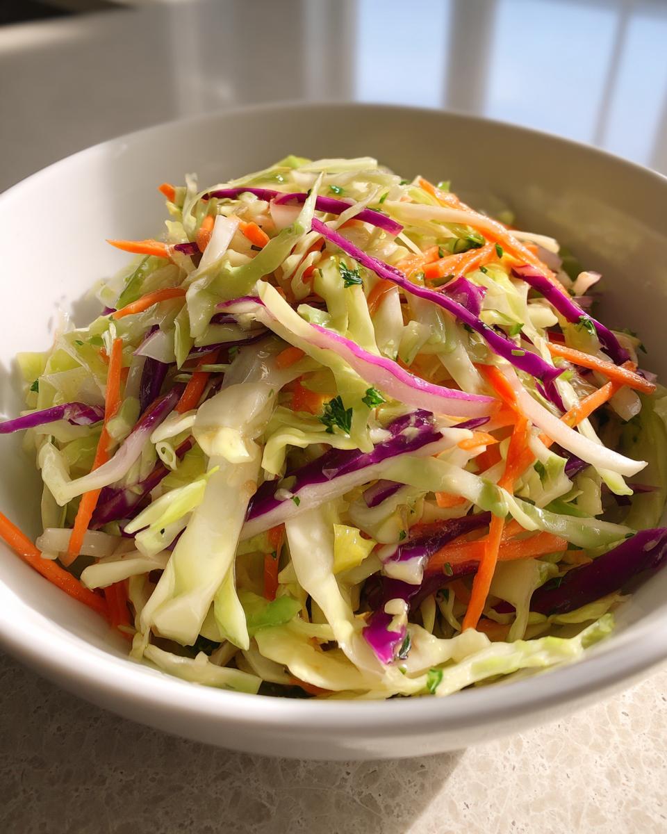 A close-up of vibrant, freshly made cabbage salad featuring shredded green cabbage, red cabbage, and carrots in a white bowl.