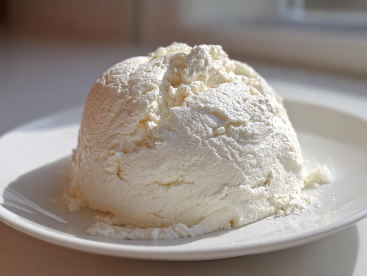 A mound of fresh, white, slightly textured mixture, likely almond paste or the base for a marzipan recipe, sitting on a white plate.