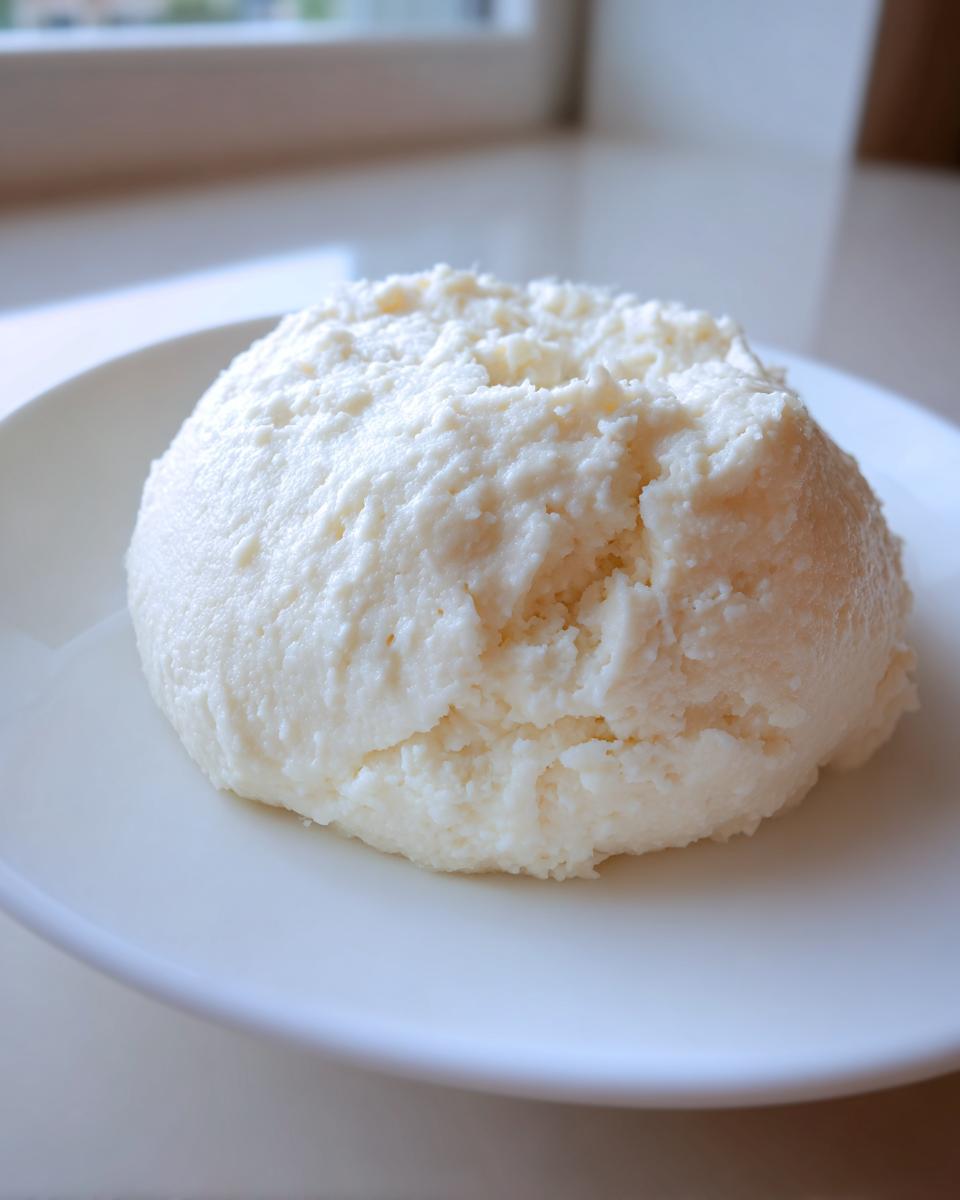 A mound of freshly prepared white marzipan recipe base resting on a simple white plate.
