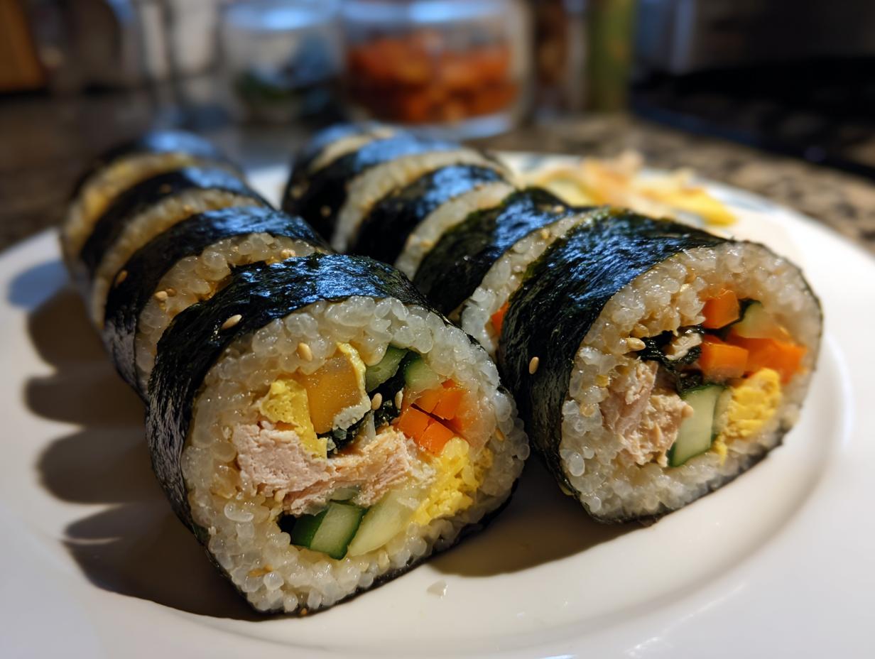 Close-up of several slices of homemade tuna kimbap featuring rice, seaweed, tuna, egg, and vegetables.