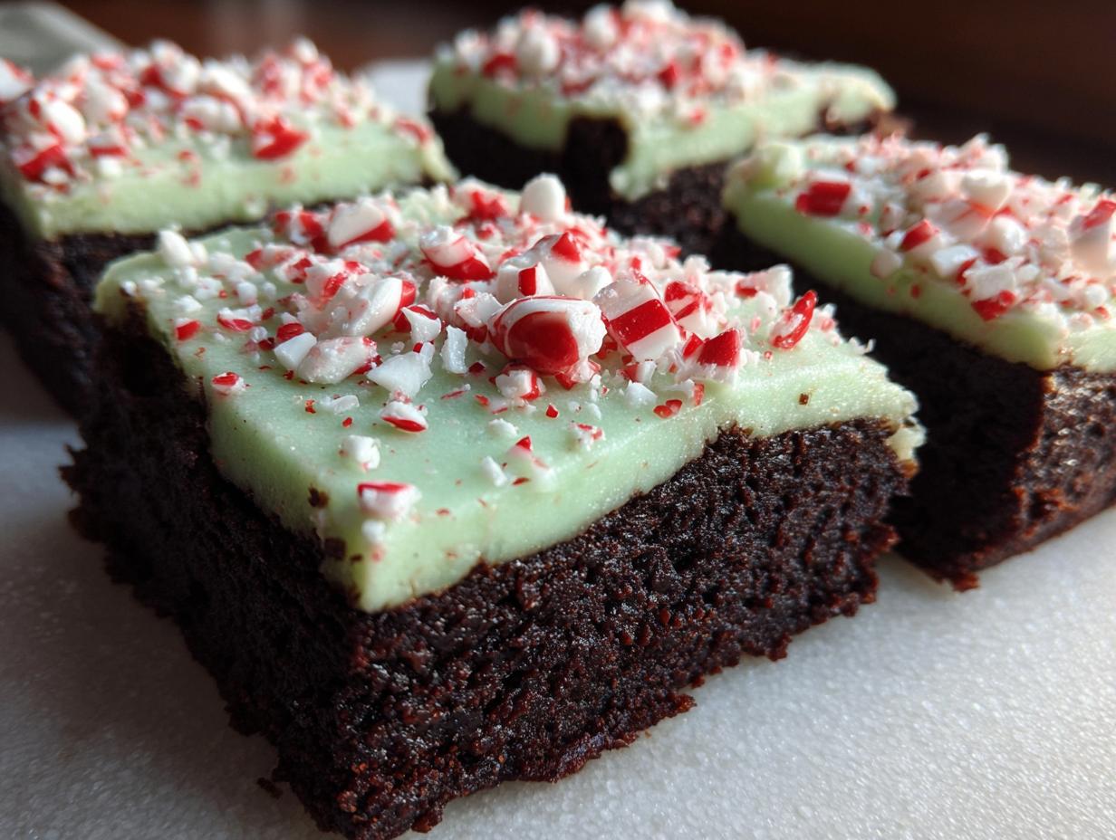 Close-up of fudgy peppermint brownies topped with light green frosting and crushed candy canes.