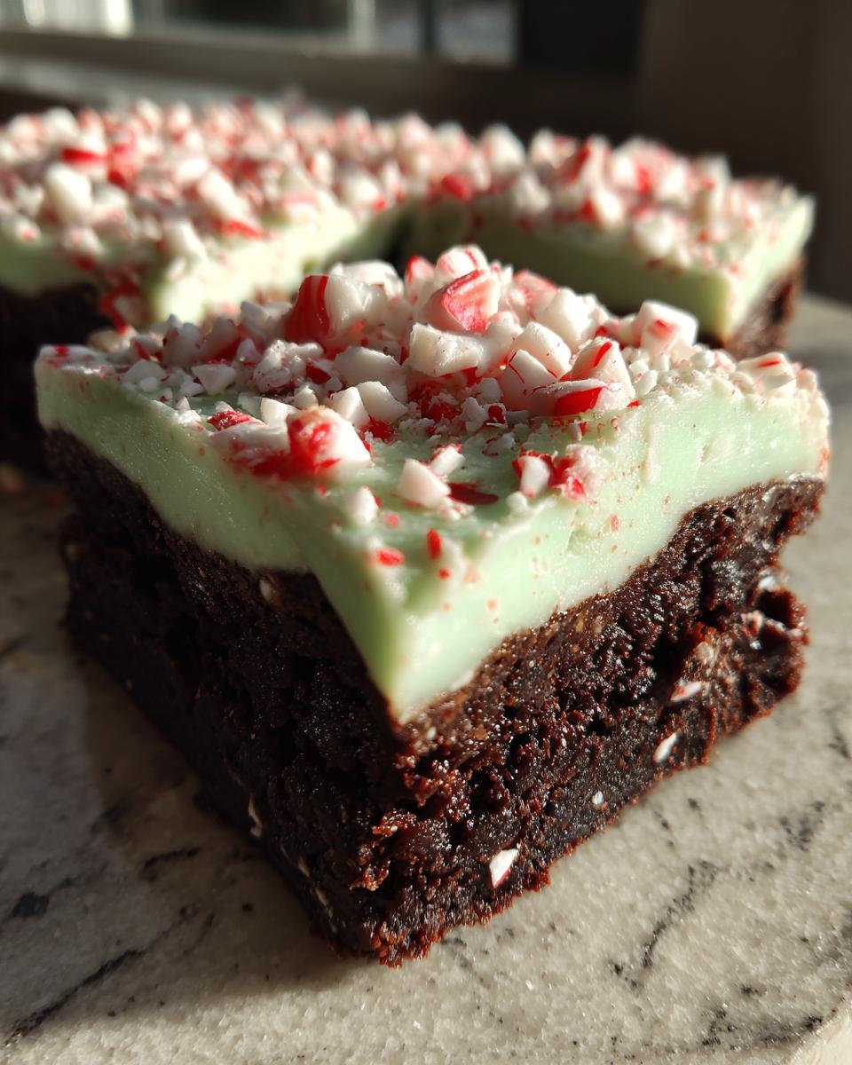 Close-up of a fudgy peppermint brownie square topped with light green mint frosting and crushed candy canes.