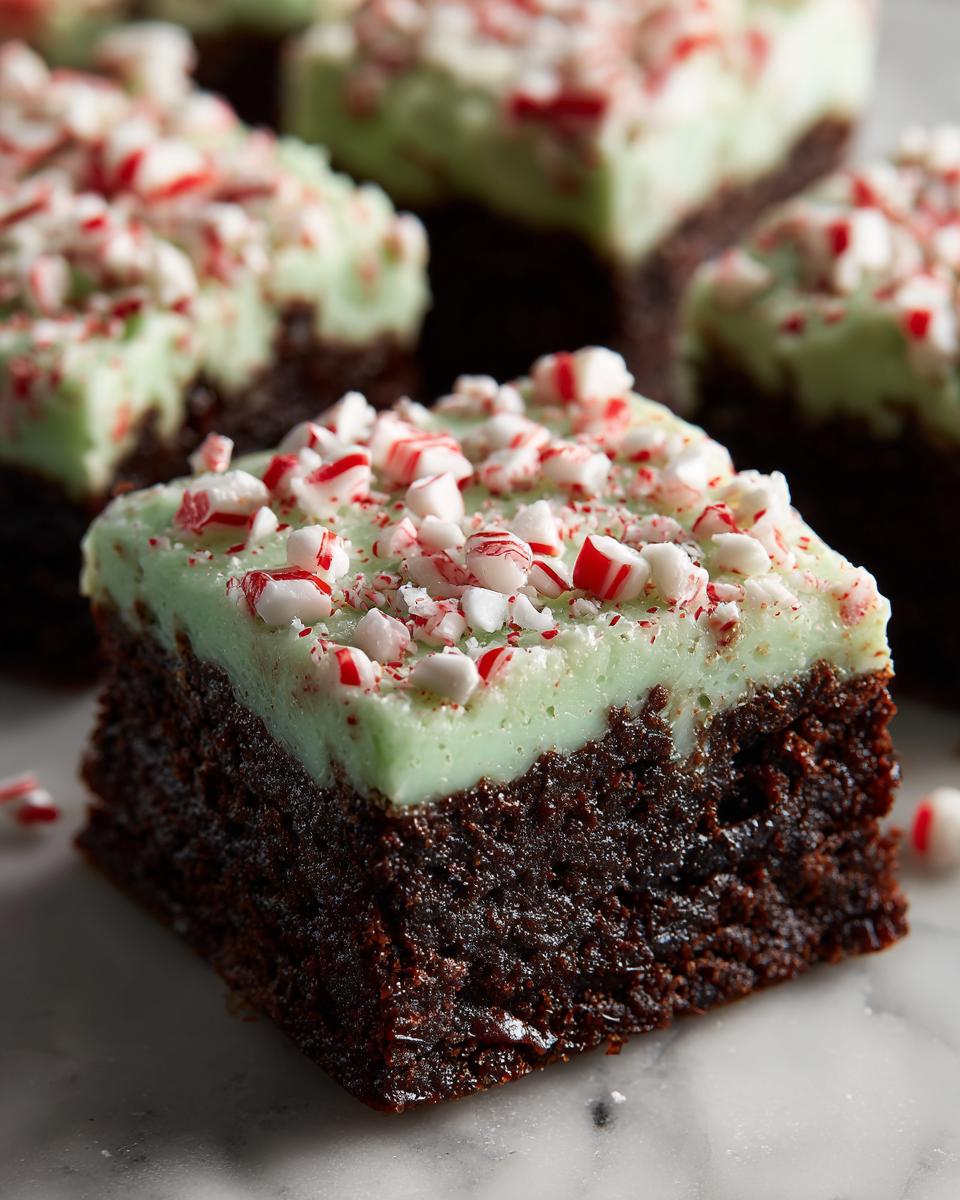 Close-up of a fudgy peppermint brownie square topped with light green mint frosting and crushed candy canes.