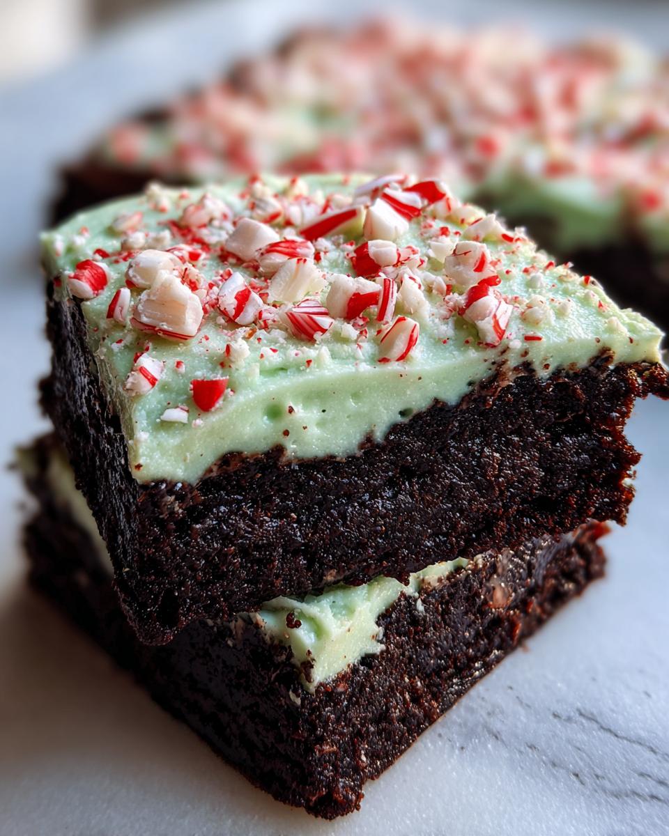 Close-up of two stacked, fudgy peppermint brownies topped with light green mint frosting and crushed candy canes.