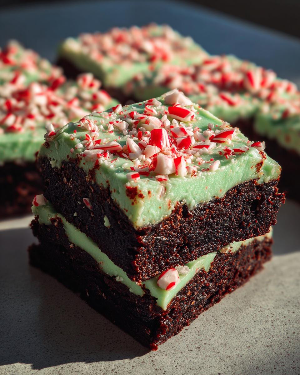 Two fudgy peppermint brownies stacked, topped with bright green mint frosting and crushed candy canes.