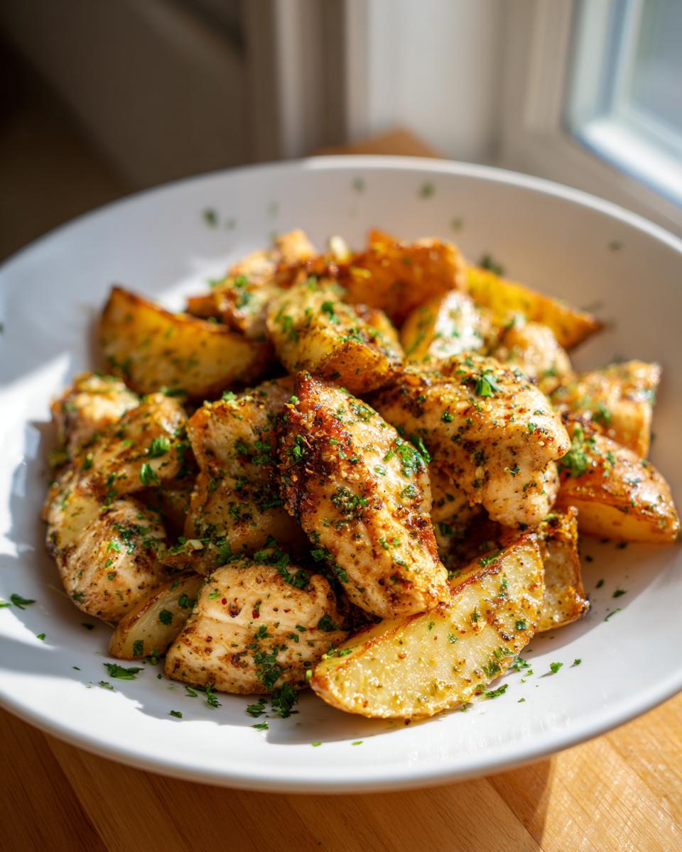 A white bowl filled with seasoned garlic parmesan chicken and potatoes, garnished with parsley.