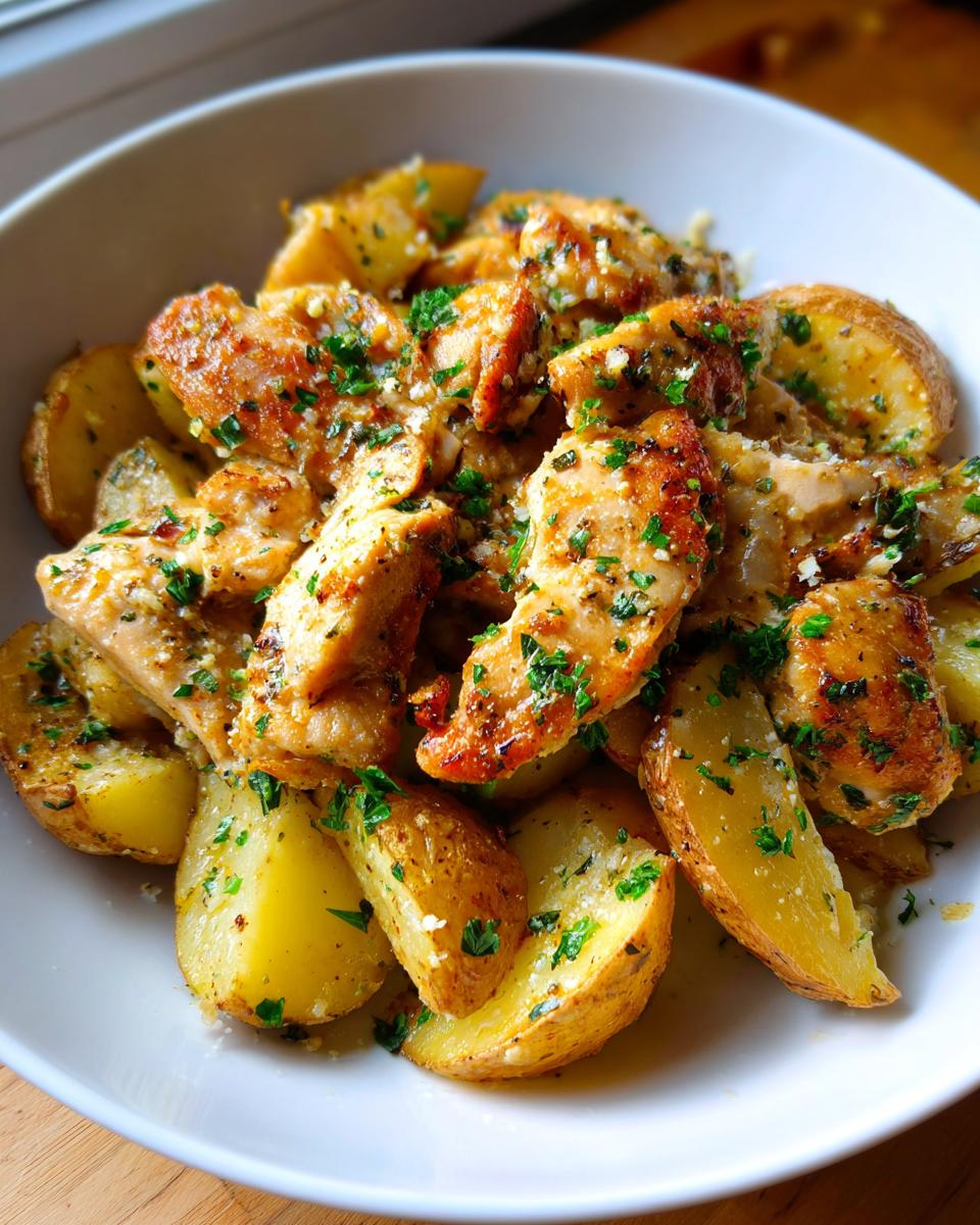 Close-up of a white bowl filled with golden roasted potatoes and sliced garlic parmesan chicken, topped with parsley.