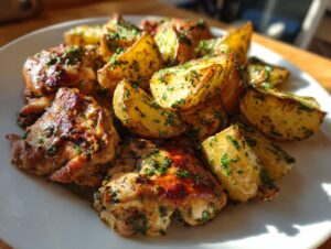 Close-up of golden roasted potatoes and browned chicken thighs seasoned with herbs, showcasing the garlic parmesan chicken and potatoes.