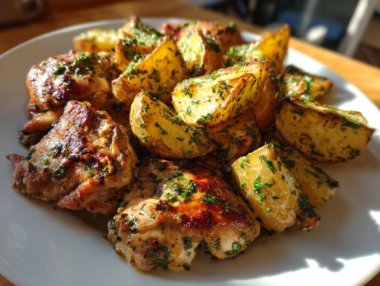Close-up of golden roasted potatoes and browned chicken thighs seasoned with herbs, showcasing the garlic parmesan chicken and potatoes.