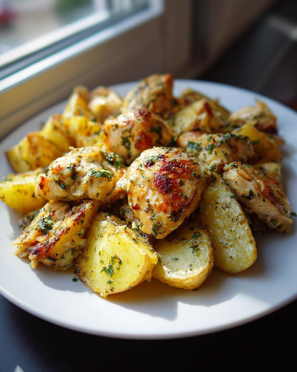 Close-up of golden-brown garlic parmesan chicken and roasted potatoes garnished with parsley.