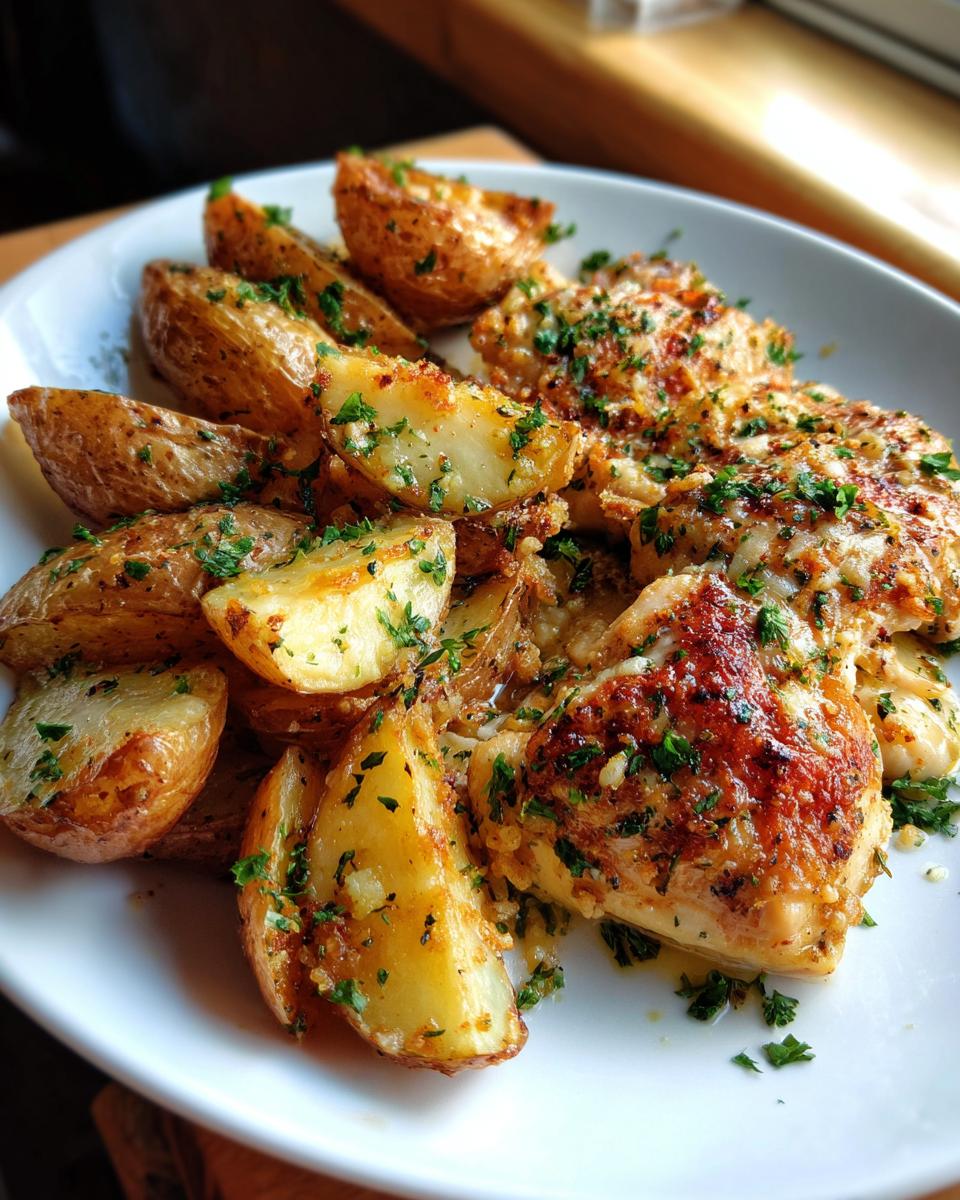 A close-up of golden roasted potatoes and seared chicken pieces covered in garlic parmesan sauce and fresh parsley, representing garlic parmesan chicken and potatoes.