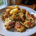 Golden brown pieces of garlic parmesan chicken and roasted potatoes sprinkled with fresh parsley on a white plate.