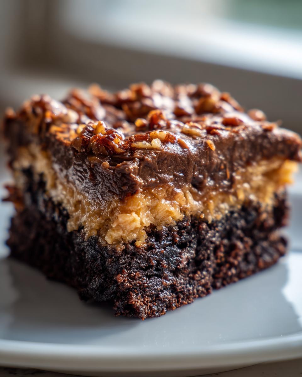 Close-up of a decadent slice of german chocolate cake recipe showing dark cake base, coconut pecan frosting, and chopped pecans.
