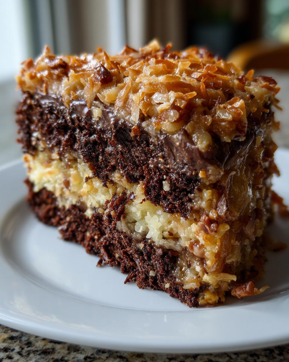 Close-up of a rich slice of german chocolate cake recipe showing layers of dark cake and coconut pecan frosting.