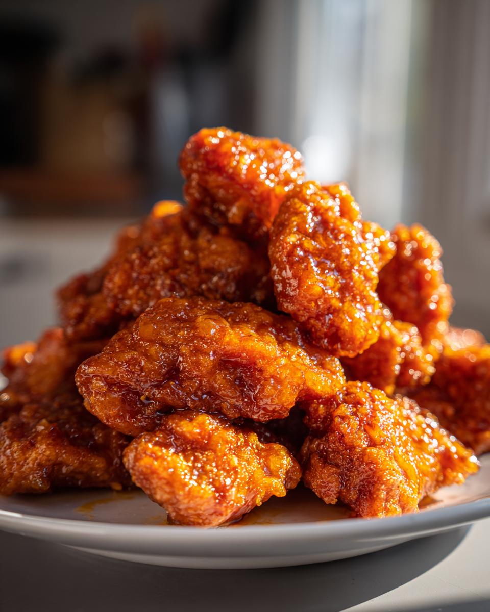 Close-up of crispy chicken pieces piled high, coated in a thick, glossy orange sauce for the orange chicken recipe.